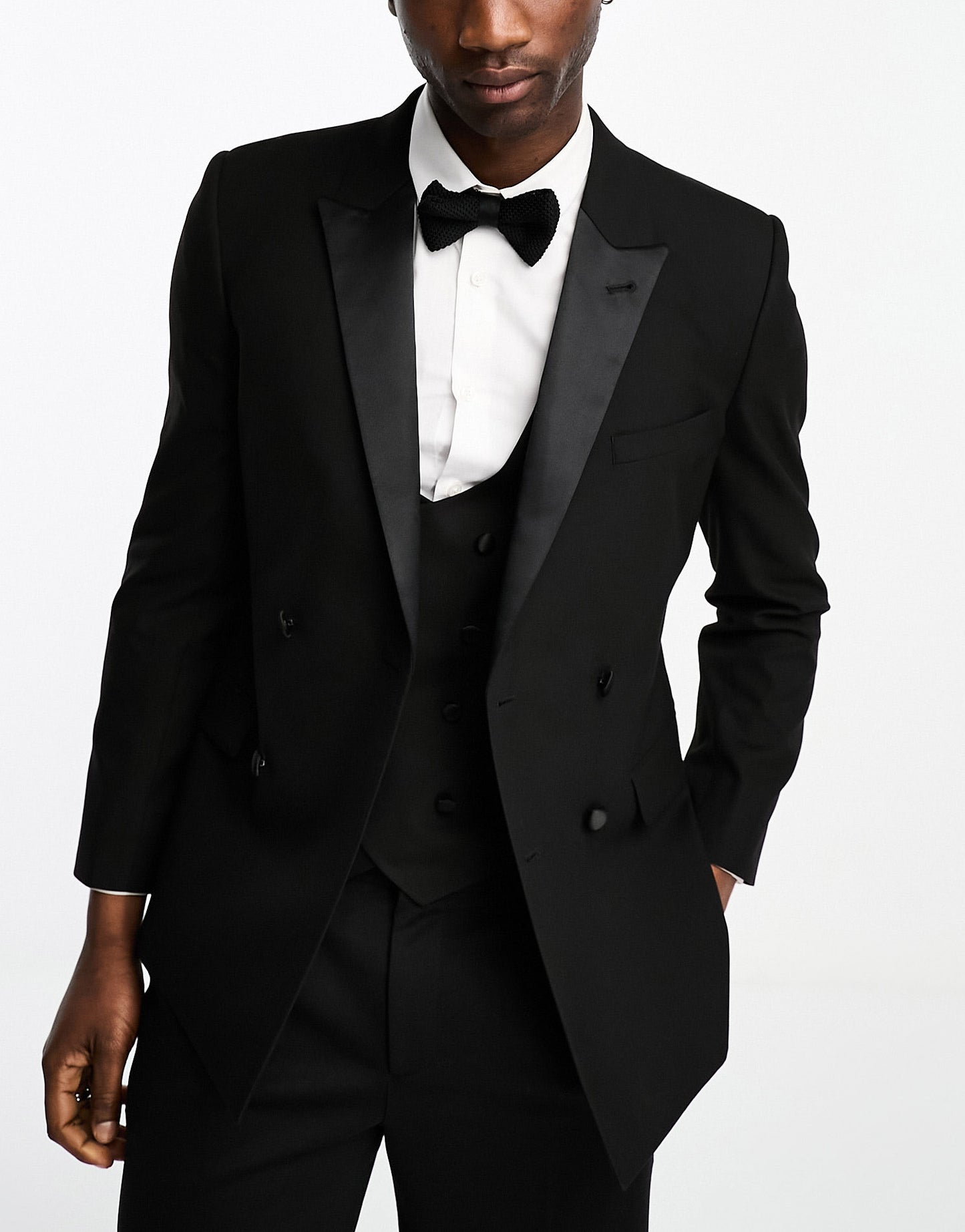 ASOS DESIGN skinny double breasted tuxedo suit jacket in black