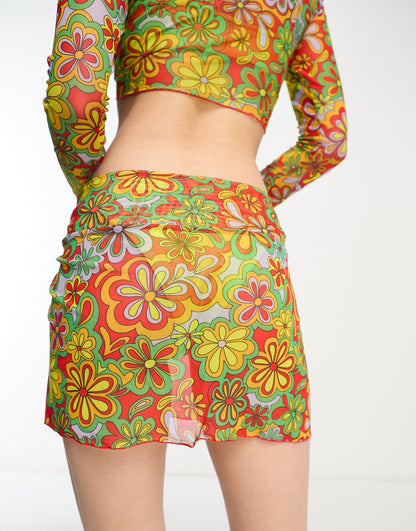 Only mesh tie side beach mini skirt co-ord in 70s floral