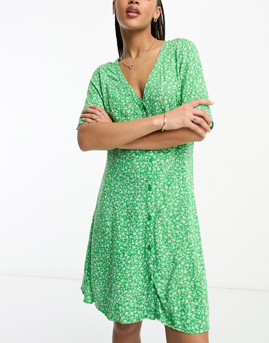 Monki button through mini dress in green meadow floral