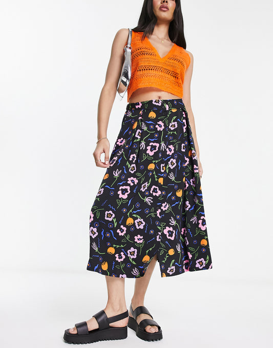 Monki button through midi skirt in black floral print