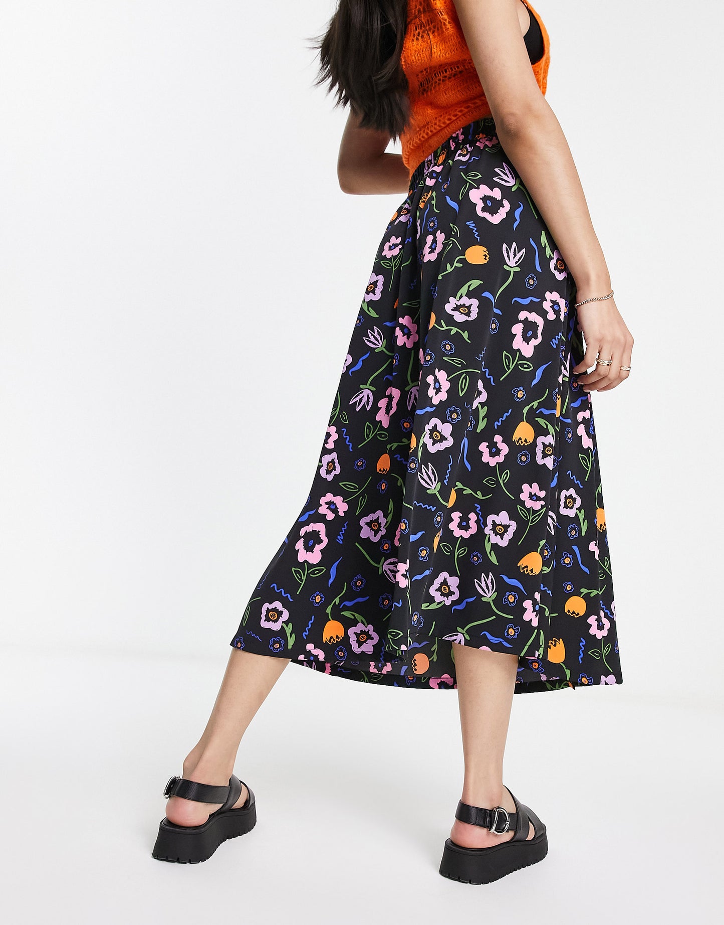 Monki button through midi skirt in black floral print