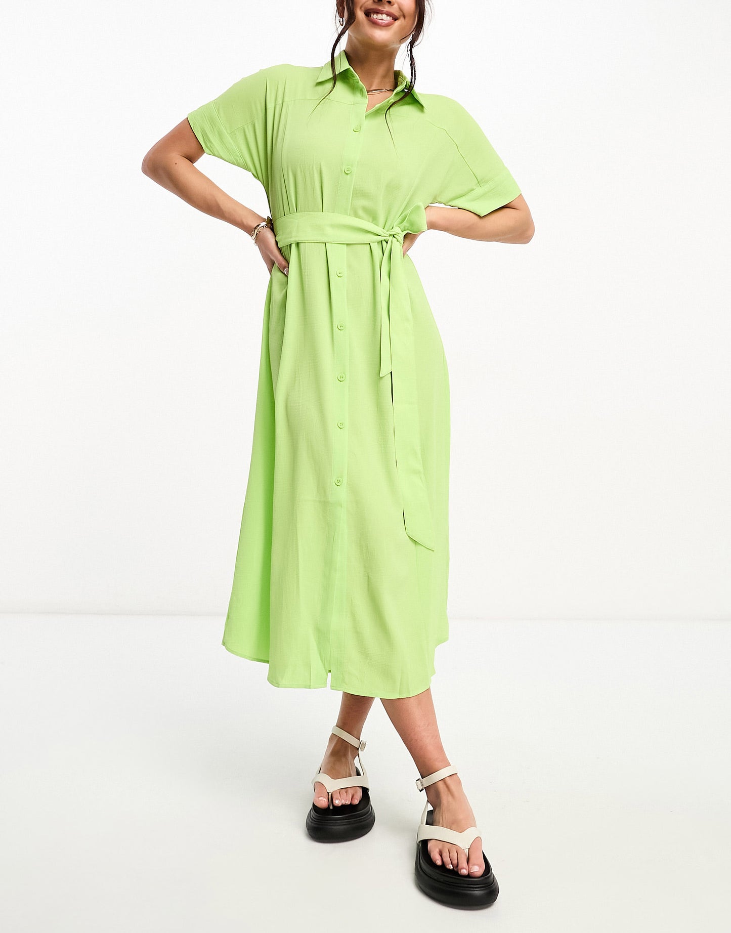 Monki tie waist midi shirt dress in green