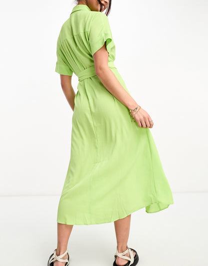 Monki tie waist midi shirt dress in green