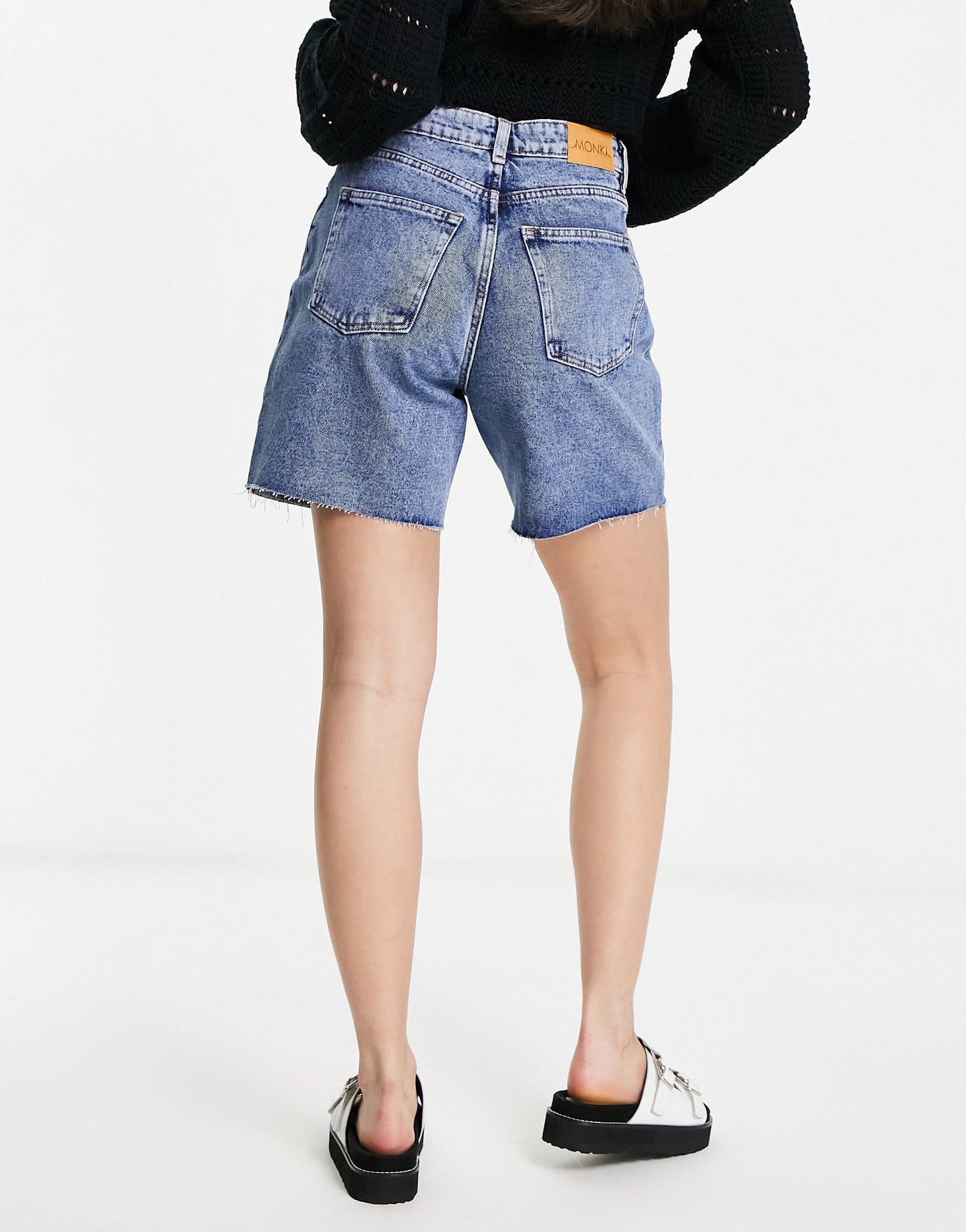 Monki high waist raw hem denim shorts in blue