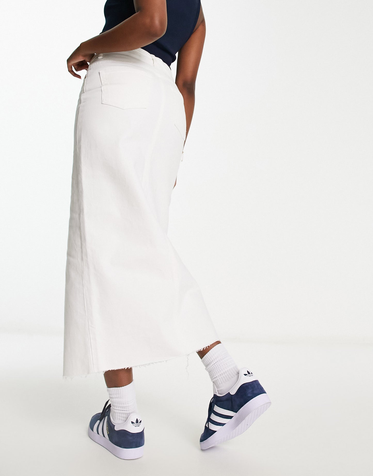 Stradivarius denim midi skirt with front split in white