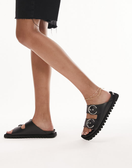 Topshop Prince leather flat sandal with buckles in black