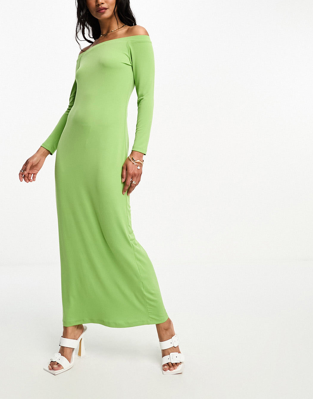 Glamorous off shoulder jersey midi dress in green