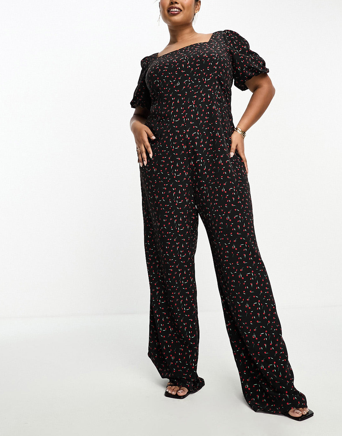 Glamorous Curve milkmaid wide leg jumpsuit with tie back in black rose bud