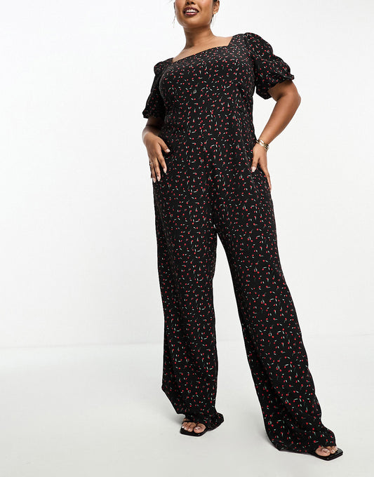 Glamorous Curve milkmaid wide leg jumpsuit with tie back in black rose bud