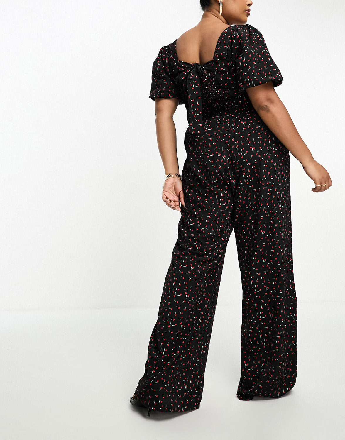 Glamorous Curve milkmaid wide leg jumpsuit with tie back in black rose bud