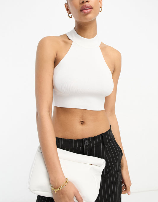 ASOS DESIGN knitted structured halter crop cami in white