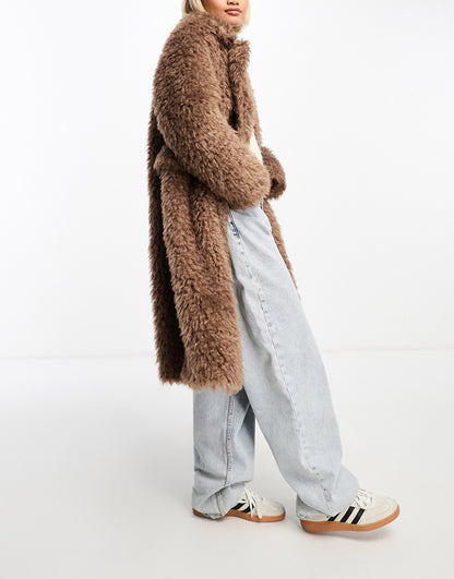 Glamorous longline brushed fluffy coat in walnut