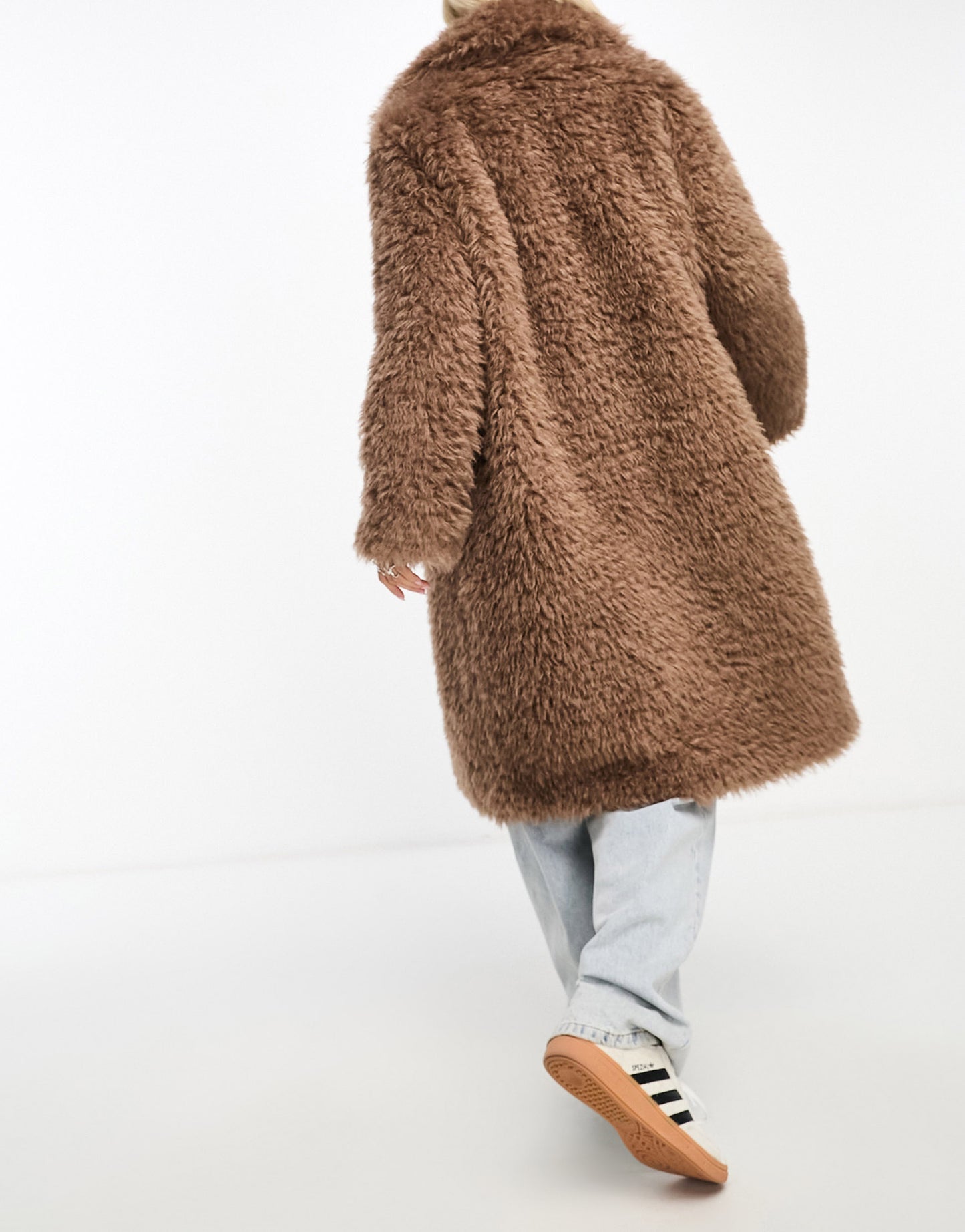 Glamorous longline brushed fluffy coat in walnut