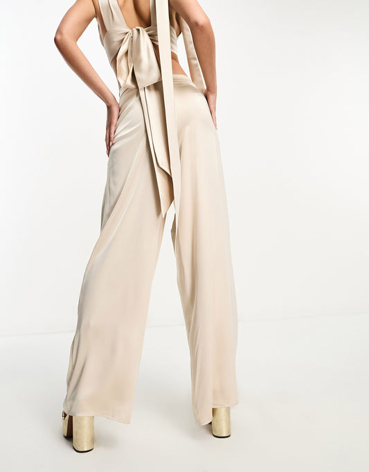 ASYOU satin wide leg utility trousers with tie belt in champagne