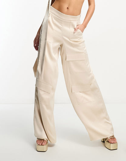 ASYOU satin wide leg utility trousers with tie belt in champagne