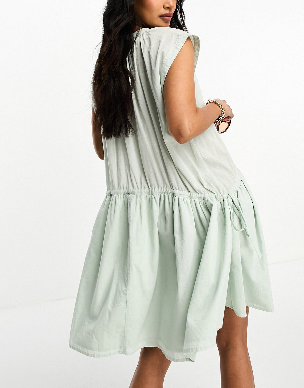 ASOS DESIGN curved hem mini smock dress with drawstring detail in seafoam