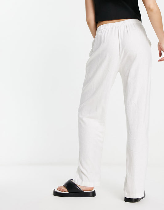 Pull&Bear high waisted linen trousers in white