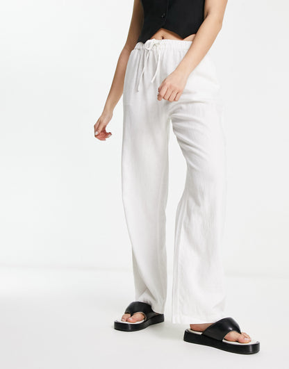 Pull&Bear high waisted linen trousers in white