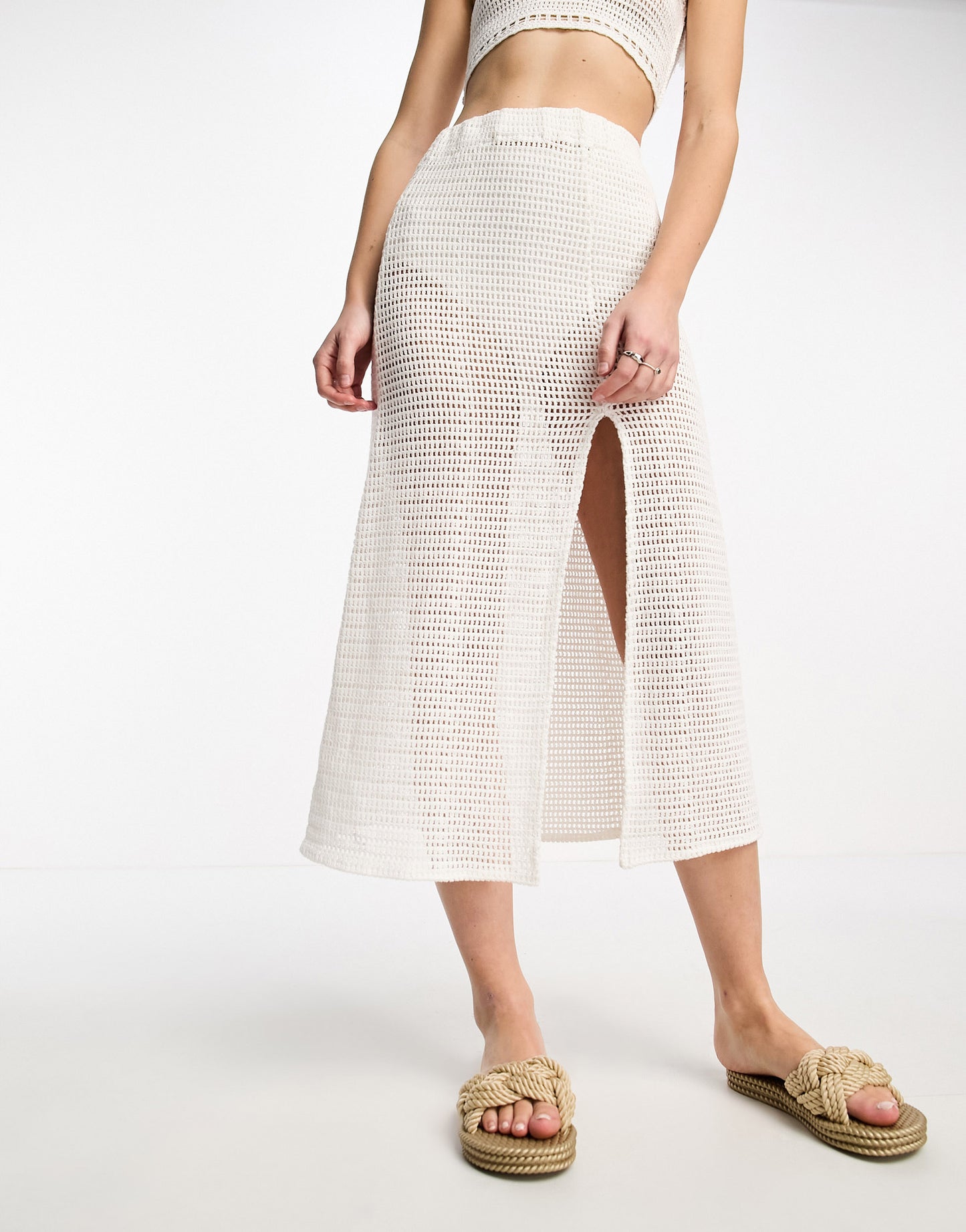 Pull&Bear crochet midi skirt co-ord in white