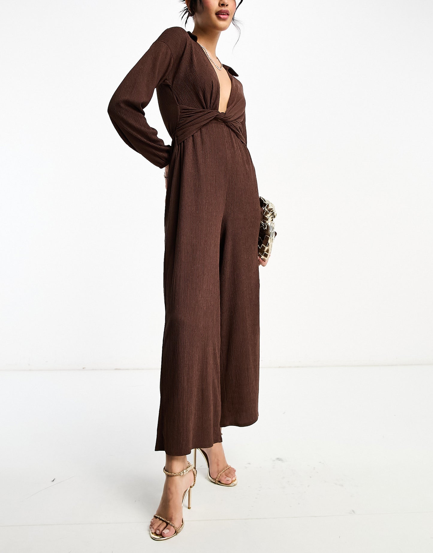 ASOS DESIGN textured jersey jumpsuit with twist front in brown