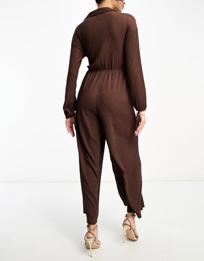 ASOS DESIGN textured jersey jumpsuit with twist front in brown