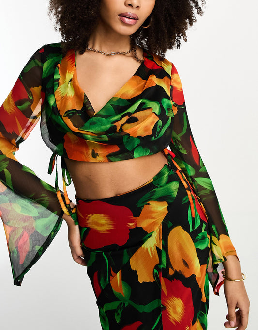 ASOS DESIGN long sleeve chiffon top with cowl neck co-ord in blurred floral print