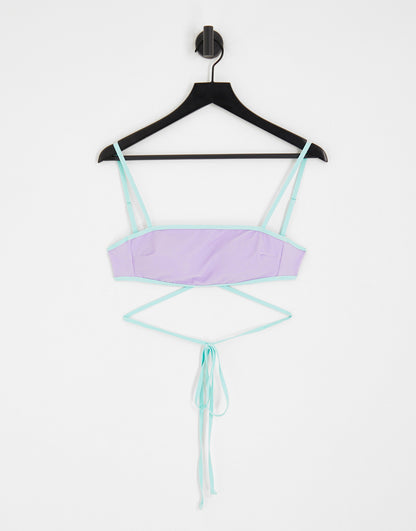 Only tie waist bikini top in lilac and turquoise