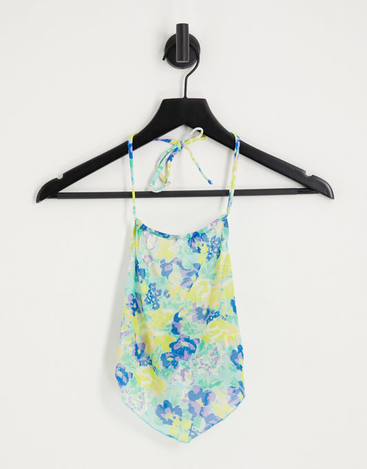 Only mesh tie back scarf beach top in yellow floral