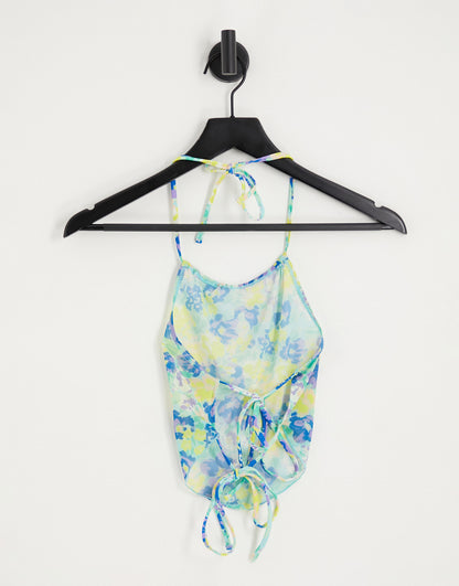 Only mesh tie back scarf beach top in yellow floral