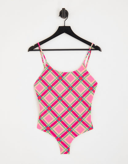 Only open back swimsuit in pink check