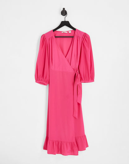 Only puff sleeve wrap midi dress in bright pink