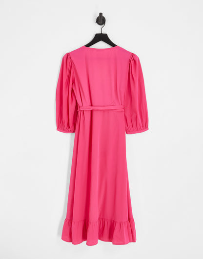 Only puff sleeve wrap midi dress in bright pink