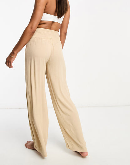 Vero Moda shirred waist beach trousers in beige