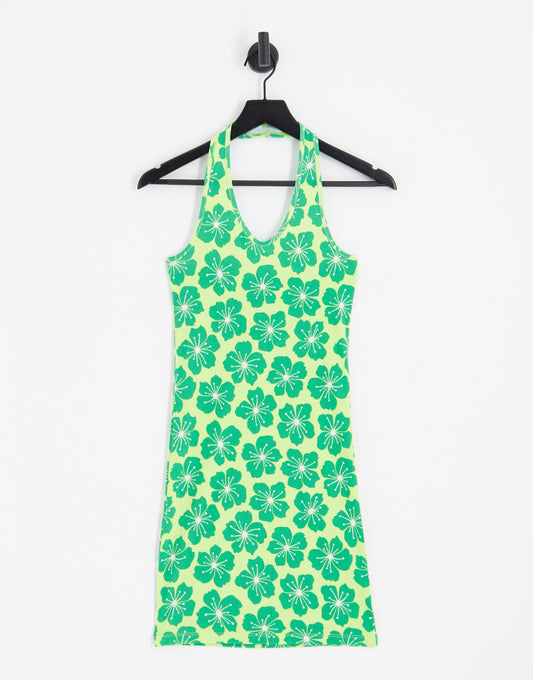 Only exclusive halterneck mini dress in pale green floral