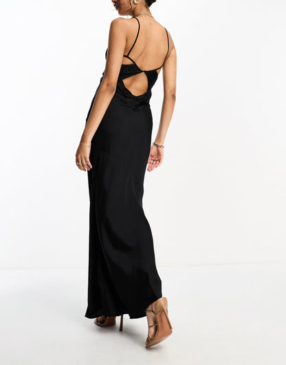 ASOS DESIGN pleated twist detail washed satin cami maxi dress in black