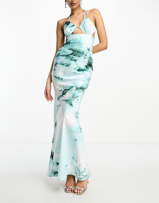 ASOS DESIGN satin cut out detail bust maxi dress in blue watercolour print