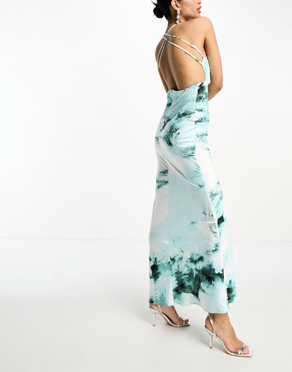 ASOS DESIGN satin cut out detail bust maxi dress in blue watercolour print