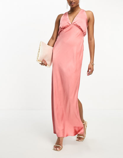 ASOS DESIGN Petite satin plunge slouchy maxi dress in rose pink