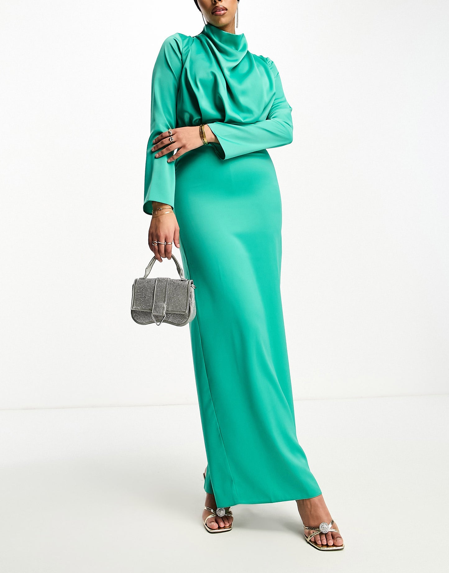 ASOS DESIGN Modest satin high neck pleat detail maxi dress with long sleeves in jewel green - MGREEN