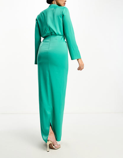 ASOS DESIGN Modest satin high neck pleat detail maxi dress with long sleeves in jewel green - MGREEN