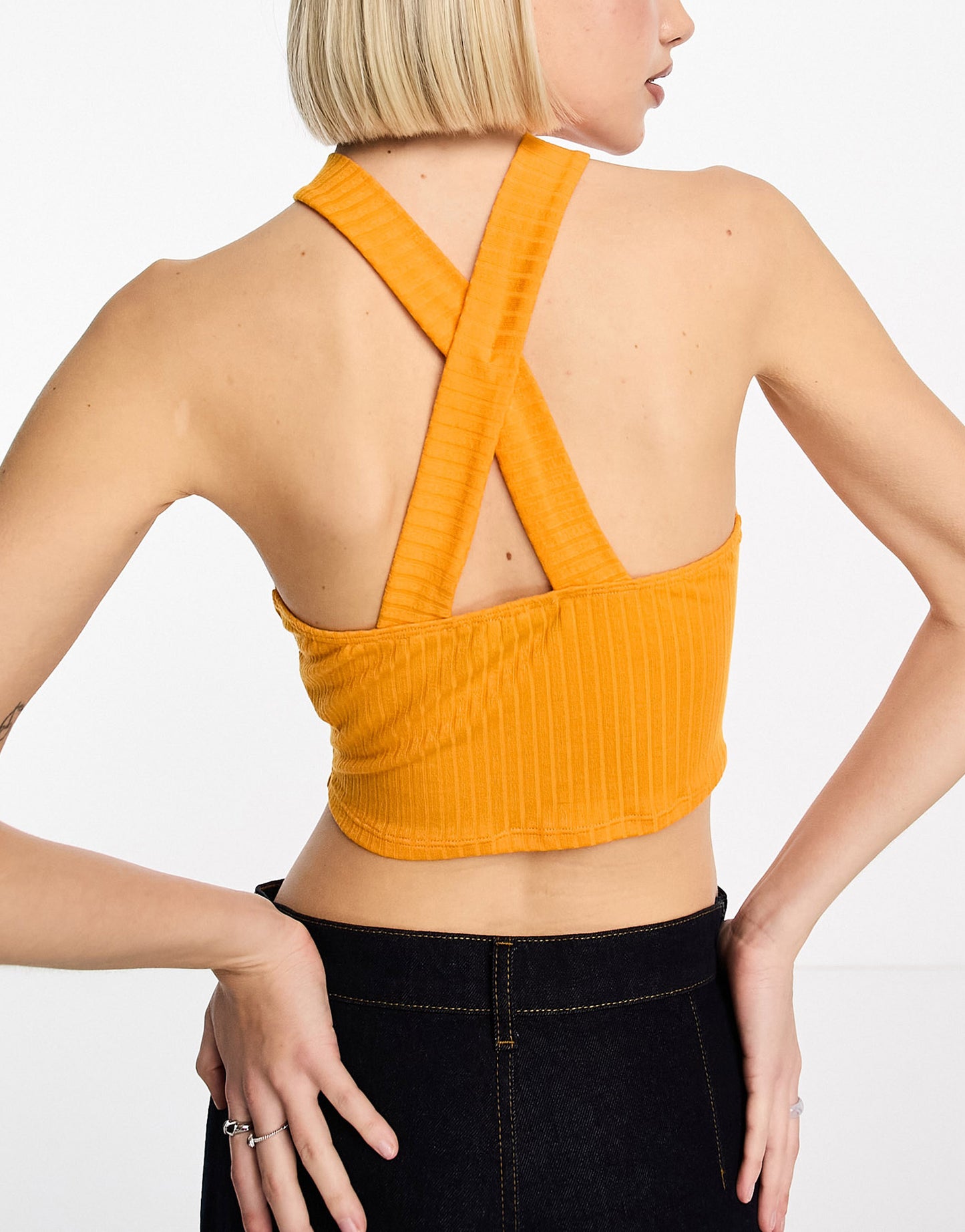 ASOS DESIGN cross over halter ribbed crop top in orange