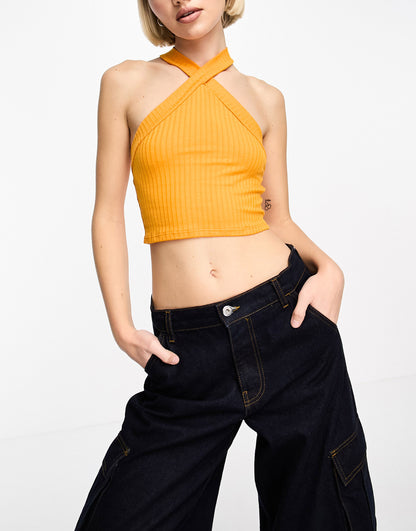 ASOS DESIGN cross over halter ribbed crop top in orange