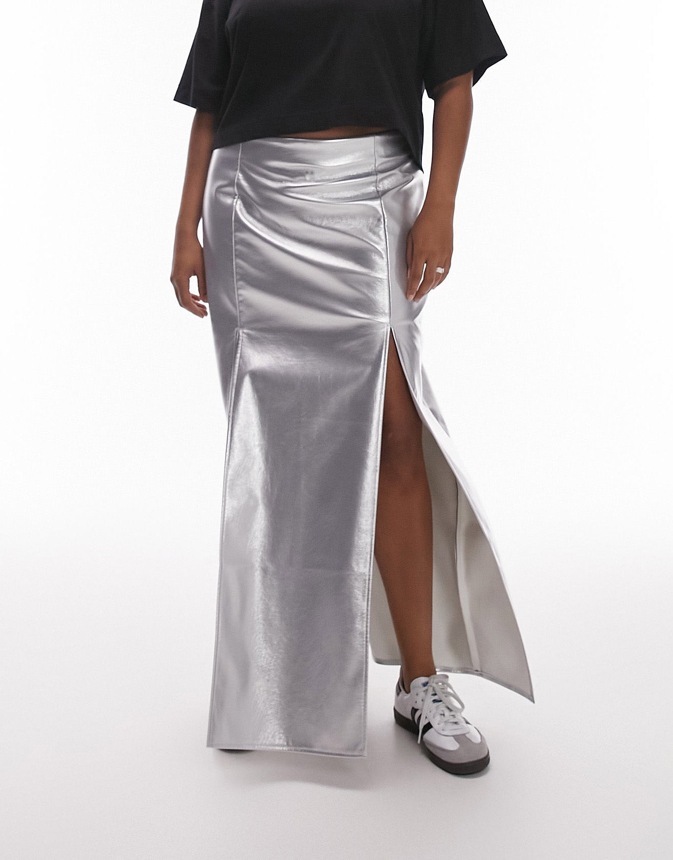 Topshop Curve vinyl double split midi skirt in silver