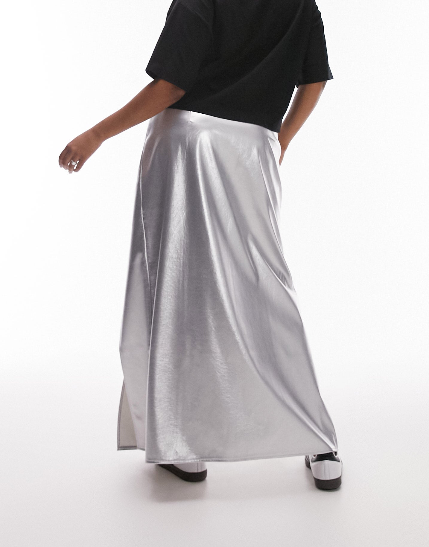 Topshop Curve vinyl double split midi skirt in silver