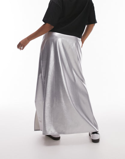 Topshop Curve vinyl double split midi skirt in silver