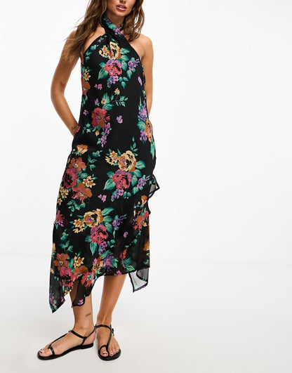 River Island floral halter midi dress in black