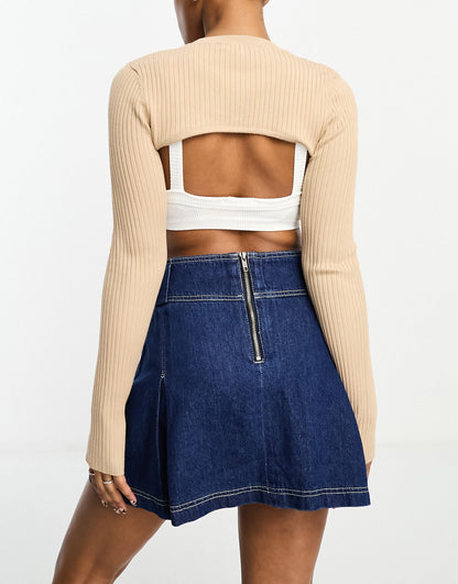 Miss Selfridge knit rib super crop top in camel