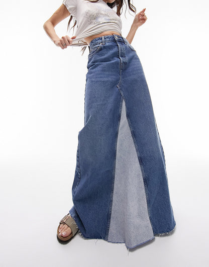 Topshop reworked denim maxi skirt in mid blue