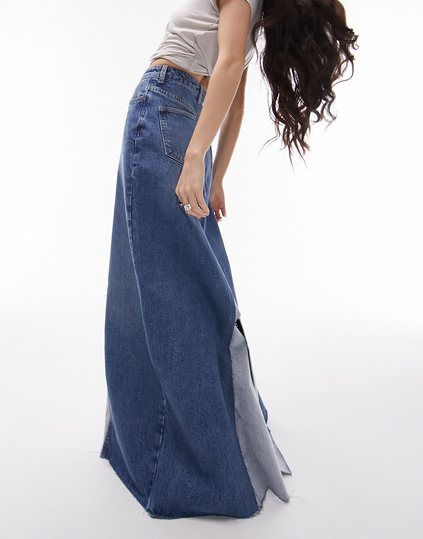 Topshop reworked denim maxi skirt in mid blue