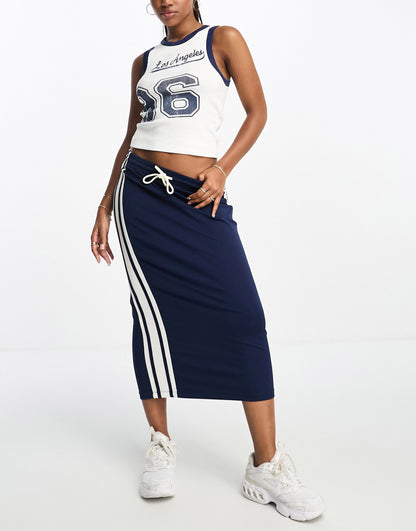 ASOS DESIGN low rise midi skirt co-ord with white stripe in navy